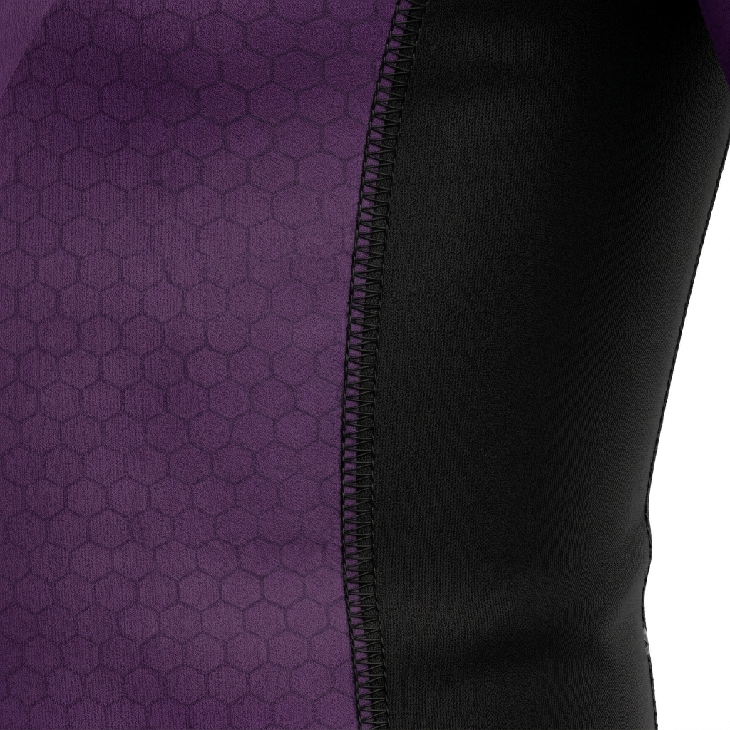 Close-up side panel view of a purple long sleeve BJJ rashguard showing black flatlock stitching and a black side panel